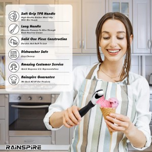 Rainspire Ice Cream Scoop Stainless Steel with Comfortable Handle, Ice Cream Scooper Heavy Duty, Ice Cream Spade Great for Spooning Frozen Hard Gelato and Sorbet, Cookie Dough, Melon, Black