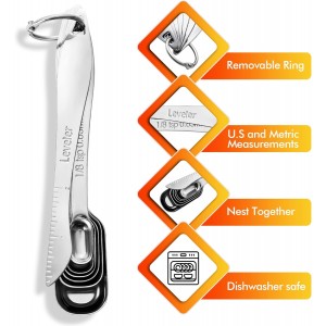 Rainspire Heavy Duty Measuring Spoons Set Stainless Steel, Metal Measuring Cups and Spoons Set for Dry or Liquid, Fits in Spice Jar, Home Gadgets Kitchen Gadgets, Set of 7 Including Leveler