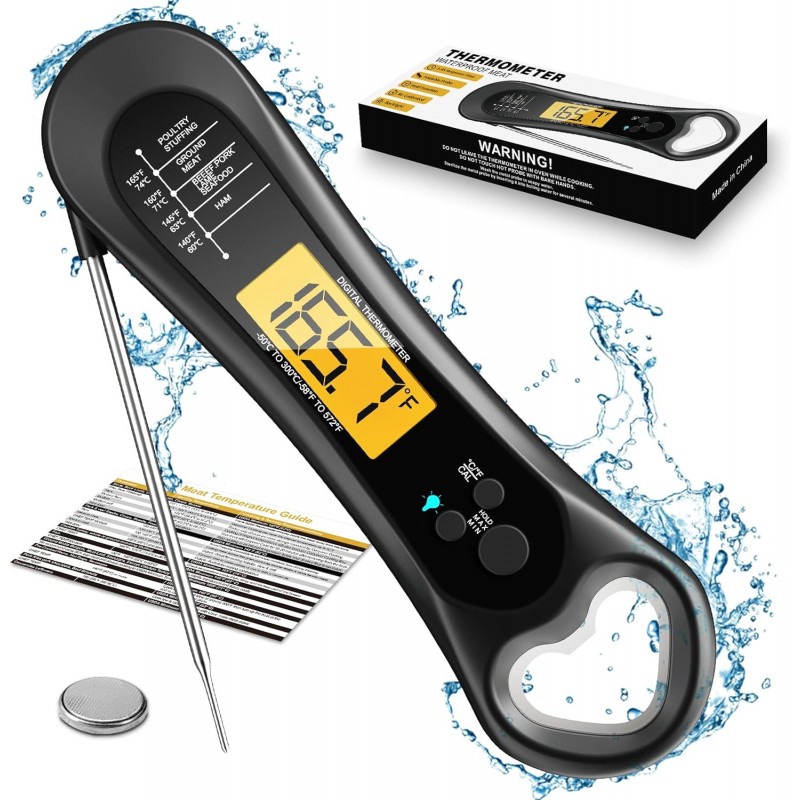 Digital Meat Thermometer for Cooking, Biison Wireless Instant Read Meat Thermometer Waterproof, Backlight, Ultra-Fast Accurate and 180° Folding Probe Kitchen Thermometer for Turkish/Grill