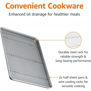 Amazon Basics Ceramic Nonstick Baking Sheets & Cooling Rack Set, Dishwasher Safe, Oven Safe, Half Sheet Size, Gray, 2-Pack