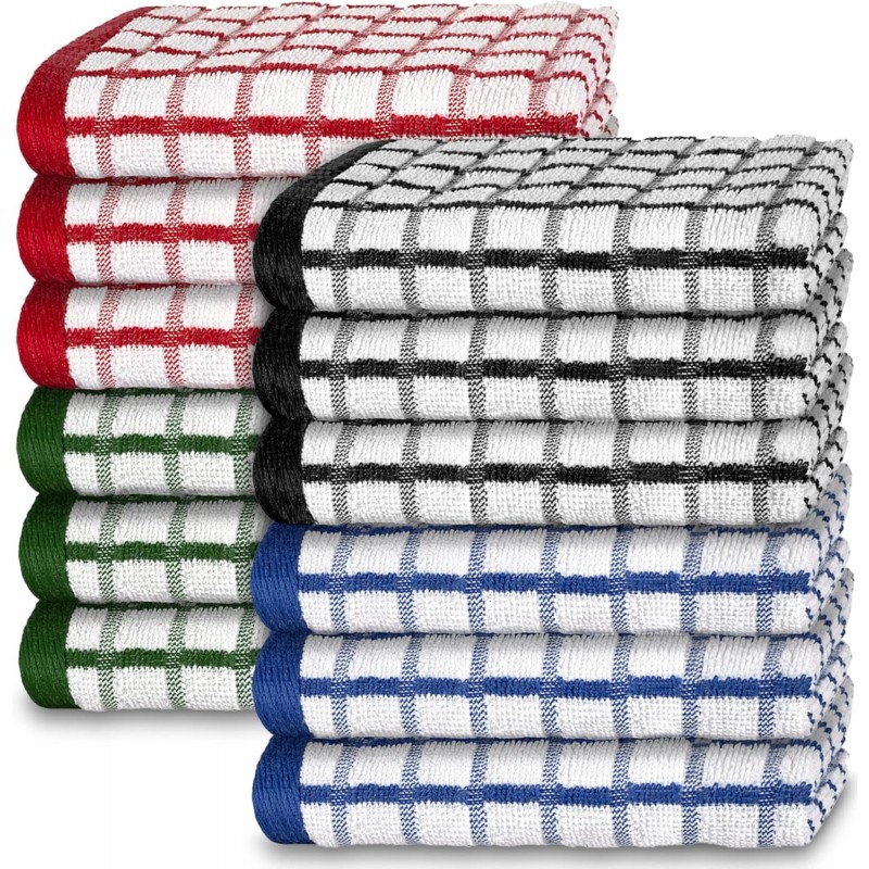 White Classic [12 Pack] Premium Dish Cloths for Kitchen - Heavy Duty Absorbent 100% Cotton 410 GSM Terry Kitchen Towels, 12x12 (Multi)