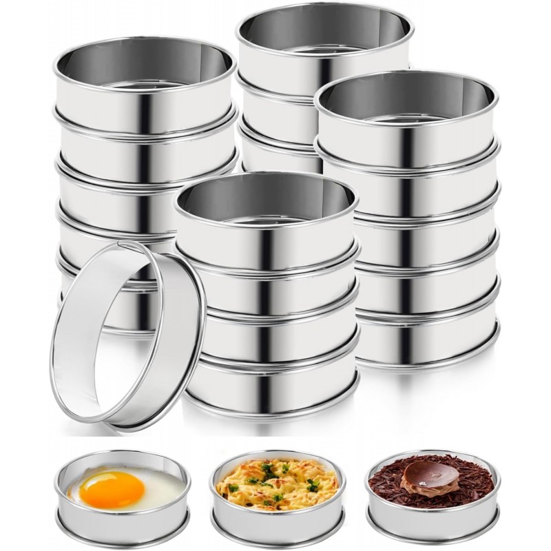 Lyellfe 20 Pieces English Muffin Rings, Stainless Steel Crumpet Rings, 3 Inch Double Rolled Nonstick Muffin Tart Ring Mold for Home Baking, Food Making