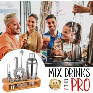 Cocktail Shaker Set Bartender Kit : 12-Piece Bar Tool Set with Bamboo Stand | Bar Set with All Practical Bar Accessories, for Drink Mixing, Bar, Home, Lounge & Party (Silver)