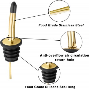 2 Pcs Liquor Pour Spouts, Stainless Steel Liquor Bottle Pourers with Rubber Dust Caps and Cleaning Brush,for Pours Liquid, Olive Oil, Wine(Gold)