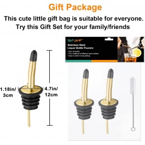 2 Pcs Liquor Pour Spouts, Stainless Steel Liquor Bottle Pourers with Rubber Dust Caps and Cleaning Brush,for Pours Liquid, Olive Oil, Wine(Gold)