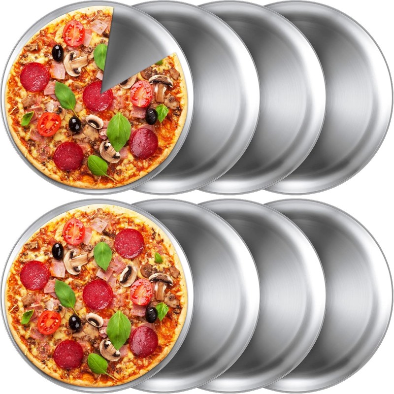 Thenshop 8 Pieces 12 Inch Pizza Pans Bulk Stainless Steel Sets Round Bakeware Pizza Trays for Oven Freezer Kitchen Baking Home Restaurant Picnics Safe Sturdy Reusable Easy Clean(Silver)
