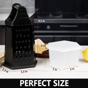 Box Grater, Cheese Grater Shredder Stainless Steel with 6 Sides, Best for Parmesan Cheese, Vegetables, Potatoes, Carrot, Ginger, Mandoline Vegetable Slicer with Detachable Container, Black