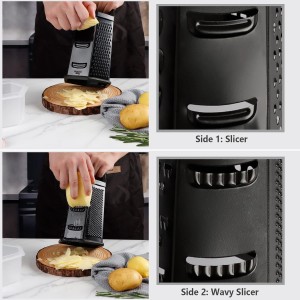 Box Grater, Cheese Grater Shredder Stainless Steel with 6 Sides, Best for Parmesan Cheese, Vegetables, Potatoes, Carrot, Ginger, Mandoline Vegetable Slicer with Detachable Container, Black