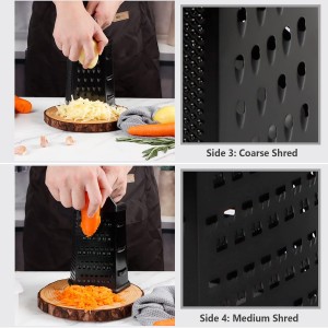 Box Grater, Cheese Grater Shredder Stainless Steel with 6 Sides, Best for Parmesan Cheese, Vegetables, Potatoes, Carrot, Ginger, Mandoline Vegetable Slicer with Detachable Container, Black