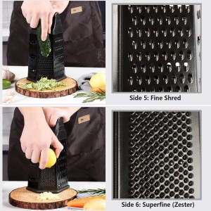 Box Grater, Cheese Grater Shredder Stainless Steel with 6 Sides, Best for Parmesan Cheese, Vegetables, Potatoes, Carrot, Ginger, Mandoline Vegetable Slicer with Detachable Container, Black