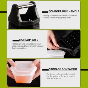 Box Grater, Cheese Grater Shredder Stainless Steel with 6 Sides, Best for Parmesan Cheese, Vegetables, Potatoes, Carrot, Ginger, Mandoline Vegetable Slicer with Detachable Container, Black