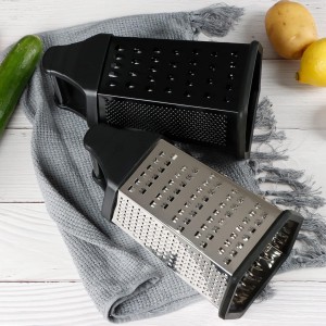 Box Grater, Cheese Grater Shredder Stainless Steel with 6 Sides, Best for Parmesan Cheese, Vegetables, Potatoes, Carrot, Ginger, Mandoline Vegetable Slicer with Detachable Container, Black