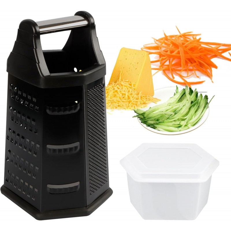 Box Grater, Cheese Grater Shredder Stainless Steel with 6 Sides, Best for Parmesan Cheese, Vegetables, Potatoes, Carrot, Ginger, Mandoline Vegetable Slicer with Detachable Container, Black