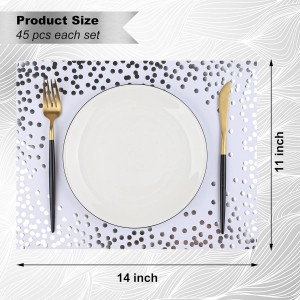 45 Pieces Silver Foil Paper Placemats White and Silver Dots Place Mats Disposable Decorative Paper Table Mats Rectangle Party Placemats for Birthday Wedding Baby Shower Party Dining Decor