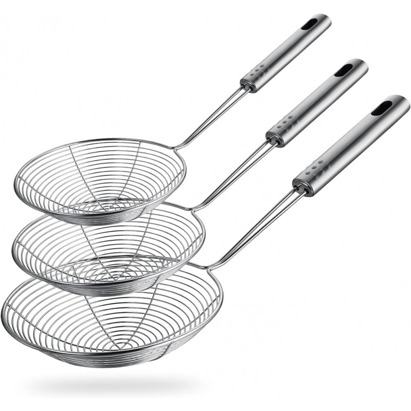 Spider Strainer Skimmer Spoon, HSpiow Set of 3 Sizes Frying Spoon Stainless Steel Fryer Scoop Wire Strainer Ladle with Long Handle for Kitchen Frying Cooking Food Pasta