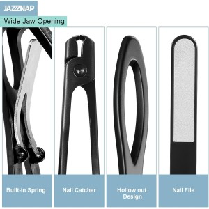 JAZZZNAP Nail Clippers Set, Ultra Wide Jaw Opening Fingernail and Toenail Clippers with Nail File for Thick and Ingrown Nails, Black