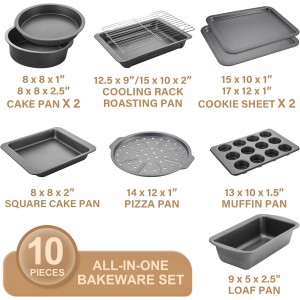 HONGBAKE Bakeware Sets, Baking Pans Set, Nonstick Oven Pan for Kitchen with Wider Grips, 10 Pieces Including Rack, Cookie Sheet, Cake Pans, Loaf Pan, Muffin Pan, Pizza Pan - Grey