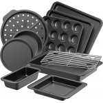 HONGBAKE Bakeware Sets, Baking Pans Set, Nonstick Oven Pan for Kitchen with Wider Grips, 10 Pieces Including Rack, Cookie Sheet, Cake Pans, Loaf Pan, Muffin Pan, Pizza Pan - Grey
