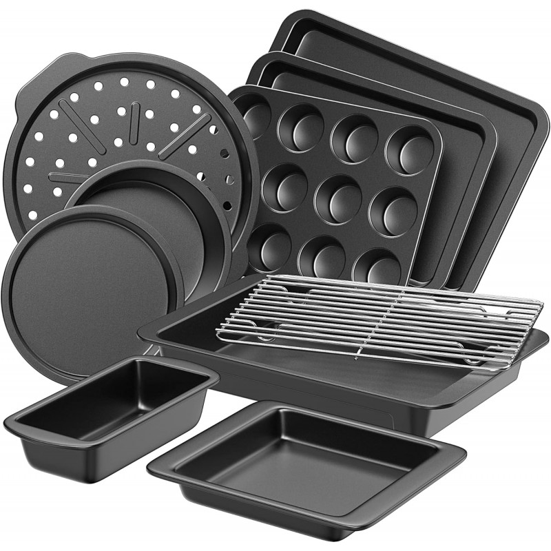 HONGBAKE Bakeware Sets, Baking Pans Set, Nonstick Oven Pan for Kitchen with Wider Grips, 10 Pieces Including Rack, Cookie Sheet, Cake Pans, Loaf Pan, Muffin Pan, Pizza Pan - Grey