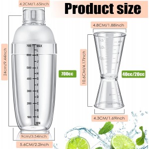 10 Pcs Plastic Cocktail Shaker Set, Including 8 Pcs 24 oz Clear Coffee Shaker Drink Mixer with Measurements 2 Double Measuring Jigger Bar Cup for Tea Coffee Bubble Tea Milk
