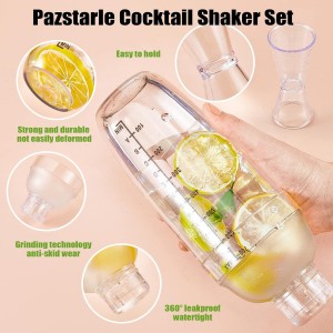 10 Pcs Plastic Cocktail Shaker Set, Including 8 Pcs 24 oz Clear Coffee Shaker Drink Mixer with Measurements 2 Double Measuring Jigger Bar Cup for Tea Coffee Bubble Tea Milk