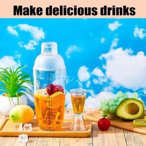 10 Pcs Plastic Cocktail Shaker Set, Including 8 Pcs 24 oz Clear Coffee Shaker Drink Mixer with Measurements 2 Double Measuring Jigger Bar Cup for Tea Coffee Bubble Tea Milk