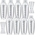 10 Pcs Plastic Cocktail Shaker Set, Including 8 Pcs 24 oz Clear Coffee Shaker Drink Mixer with Measurements 2 Double Measuring Jigger Bar Cup for Tea Coffee Bubble Tea Milk