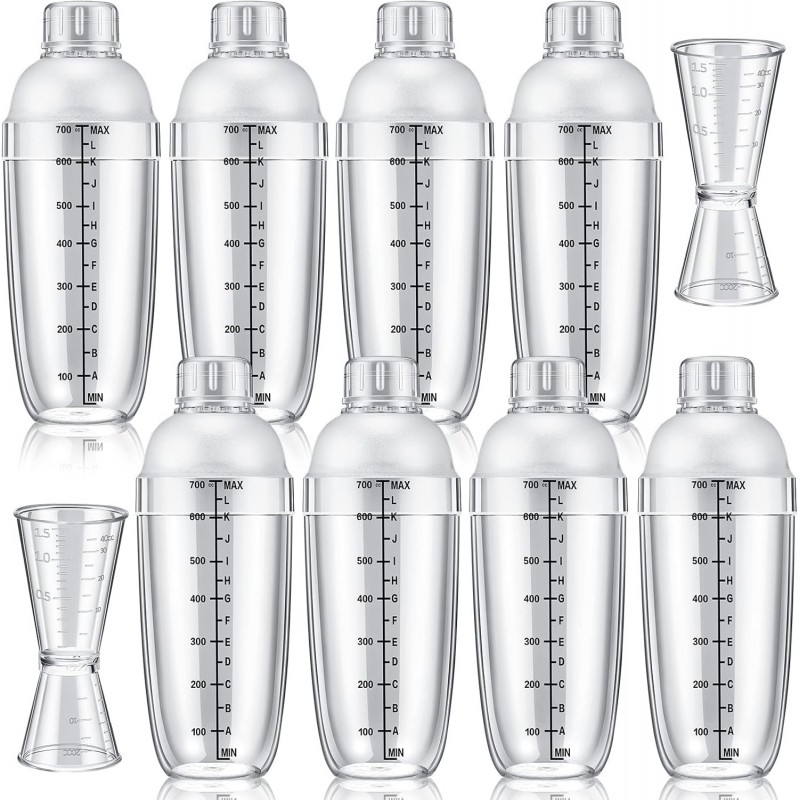 10 Pcs Plastic Cocktail Shaker Set, Including 8 Pcs 24 oz Clear Coffee Shaker Drink Mixer with Measurements 2 Double Measuring Jigger Bar Cup for Tea Coffee Bubble Tea Milk