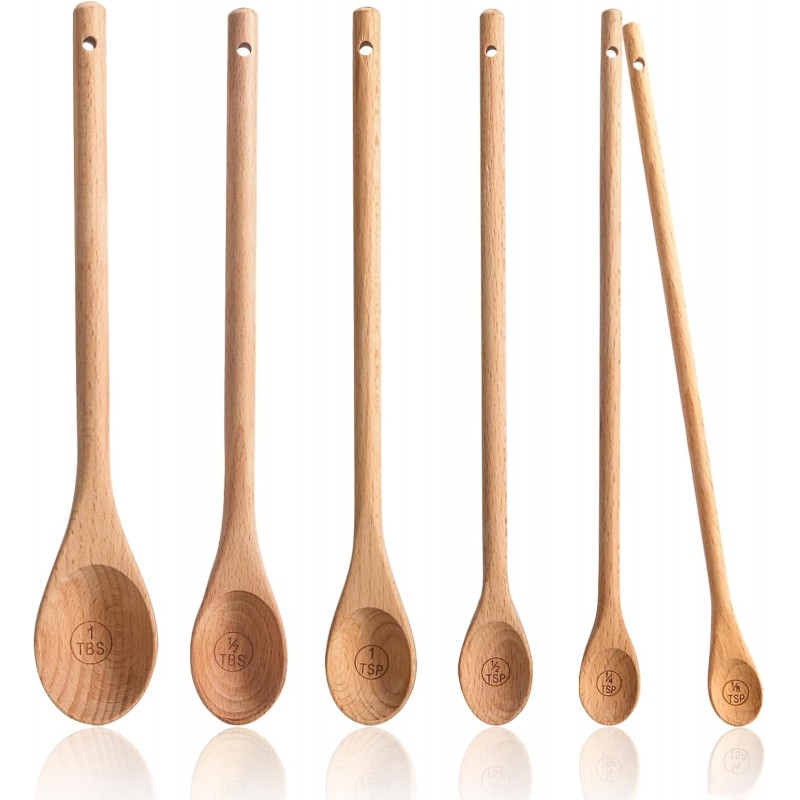 Wooden Meauring Spoons Set of 6 - Long Handle Beechwood Measuring Spoons 1/8 TSP, 1/4 TSP, 1/2 TSP, 1 TSP, 1/2 tbsp & 1 tbsp for Measuring Dry Ingredients for Cooking Baking Gift(10 inch)