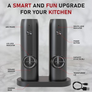 automatic pepper mill,USB rechargeable,Adjustable Coarseness,ceramic burr,refillable,Auto grinders with charging base LED light (With Plastic Charging base(2PCS))