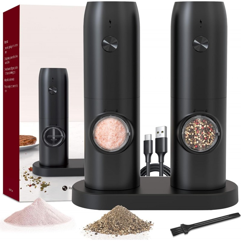 automatic pepper mill,USB rechargeable,Adjustable Coarseness,ceramic burr,refillable,Auto grinders with charging base LED light (With Plastic Charging base(2PCS))