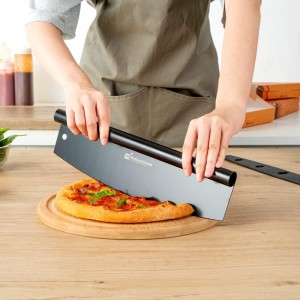 Restaurantware Met Lux 13.8 x 3.5 Inch Rocker Pizza Knife 1 Durable Pizza Rocker Blade - Dishwashable Rounded Handle Black Stainless steel Rocking Pizza Cutter Included Cover Hole For Hanging