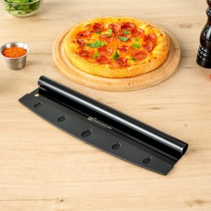 Restaurantware Met Lux 13.8 x 3.5 Inch Rocker Pizza Knife 1 Durable Pizza Rocker Blade - Dishwashable Rounded Handle Black Stainless steel Rocking Pizza Cutter Included Cover Hole For Hanging