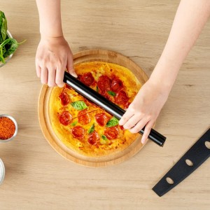 Restaurantware Met Lux 13.8 x 3.5 Inch Rocker Pizza Knife 1 Durable Pizza Rocker Blade - Dishwashable Rounded Handle Black Stainless steel Rocking Pizza Cutter Included Cover Hole For Hanging