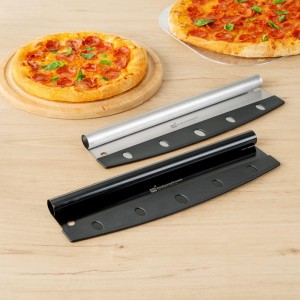Restaurantware Met Lux 13.8 x 3.5 Inch Rocker Pizza Knife 1 Durable Pizza Rocker Blade - Dishwashable Rounded Handle Black Stainless steel Rocking Pizza Cutter Included Cover Hole For Hanging