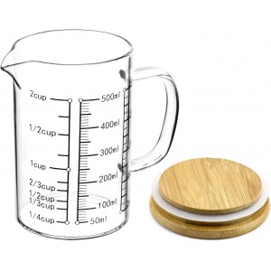 QWORK Glass Measuring Cup, 2 Pack 500ML (18 Oz, 2 Cup), High Borosilicate Glass Scale Cup with Handle and Durable Bamboo Lid, for Kitchen or Restaurant