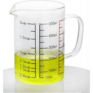 QWORK Glass Measuring Cup, 2 Pack 500ML (18 Oz, 2 Cup), High Borosilicate Glass Scale Cup with Handle and Durable Bamboo Lid, for Kitchen or Restaurant