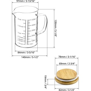 QWORK Glass Measuring Cup, 2 Pack 500ML (18 Oz, 2 Cup), High Borosilicate Glass Scale Cup with Handle and Durable Bamboo Lid, for Kitchen or Restaurant