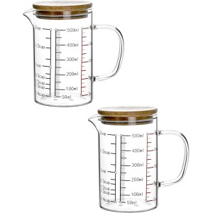 QWORK Glass Measuring Cup, 2 Pack 500ML (18 Oz, 2 Cup), High Borosilicate Glass Scale Cup with Handle and Durable Bamboo Lid, for Kitchen or Restaurant