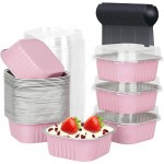 LNYZQUS 10oz Mini Cake Pans With Lids 40 Pack, Aluminum Foil Square Brownie Baking Cups,Disposable 4”x4” Large Cupcake Pan,Jumbo Muffin Tin Ramekins Holders-Pink