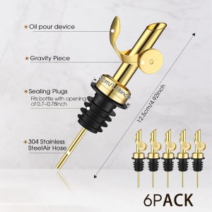 Kinlop 6 Pcs Weighted Stainless Steel Liquor Bottle Pourers Auto Flip Olive Oil Dispenser Spout Balsamic Alcohol Pourer Spouts (Gold)