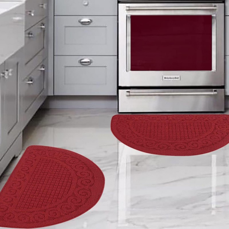 Kitchen Rugs Mats for Floor 2 Piece 18”X30”, Non Slip Washable Kitchen Mat, Absorbent Standing Throw Rug,Half Circle Carpet for Front of Sink,Laundry Room,Entryway, Red