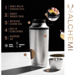 Viski Alchemi Vacuum Insulated Cocktail Shaker with Citrus Reamer, Cap, Strainer for Cold Brew Cocktails, Margarita, Whiskey Sour, Double Walled Stainless Steel Martini Shaker, Home Bar Tools, 18 oz