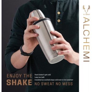 Viski Alchemi Vacuum Insulated Cocktail Shaker with Citrus Reamer, Cap, Strainer for Cold Brew Cocktails, Margarita, Whiskey Sour, Double Walled Stainless Steel Martini Shaker, Home Bar Tools, 18 oz