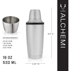 Viski Alchemi Vacuum Insulated Cocktail Shaker with Citrus Reamer, Cap, Strainer for Cold Brew Cocktails, Margarita, Whiskey Sour, Double Walled Stainless Steel Martini Shaker, Home Bar Tools, 18 oz