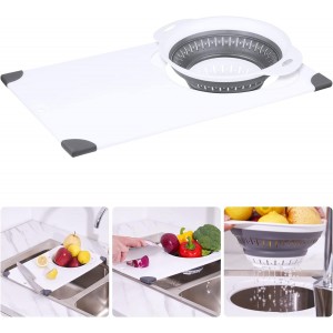 Over the Sink Cutting Board with Collapsible Colander, 2-In-1 Sink Drainer Board 11"x17.7" Anti-Slip Cutting Board and Detachable Draining Basket with Ergonomic Handle PP Plastic and TPR Rubber