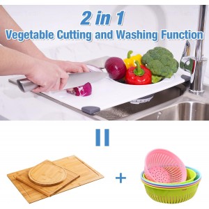 Over the Sink Cutting Board with Collapsible Colander, 2-In-1 Sink Drainer Board 11"x17.7" Anti-Slip Cutting Board and Detachable Draining Basket with Ergonomic Handle PP Plastic and TPR Rubber