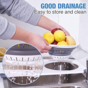 Over the Sink Cutting Board with Collapsible Colander, 2-In-1 Sink Drainer Board 11"x17.7" Anti-Slip Cutting Board and Detachable Draining Basket with Ergonomic Handle PP Plastic and TPR Rubber