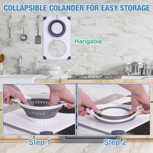 Over the Sink Cutting Board with Collapsible Colander, 2-In-1 Sink Drainer Board 11"x17.7" Anti-Slip Cutting Board and Detachable Draining Basket with Ergonomic Handle PP Plastic and TPR Rubber