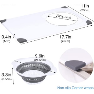 Over the Sink Cutting Board with Collapsible Colander, 2-In-1 Sink Drainer Board 11"x17.7" Anti-Slip Cutting Board and Detachable Draining Basket with Ergonomic Handle PP Plastic and TPR Rubber